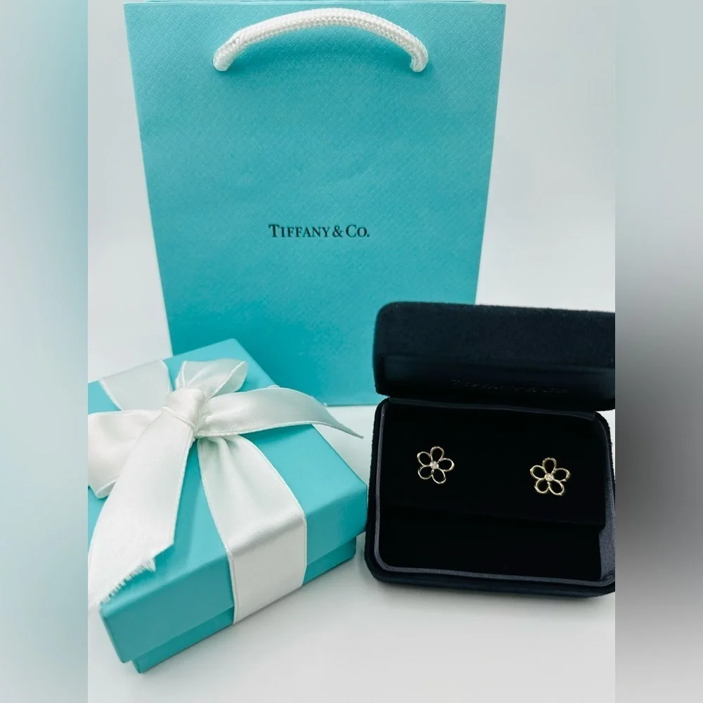 RARE Tiffany & Co. Diamond 18K Yellow Gold Garden Flower Earrings with Packaging